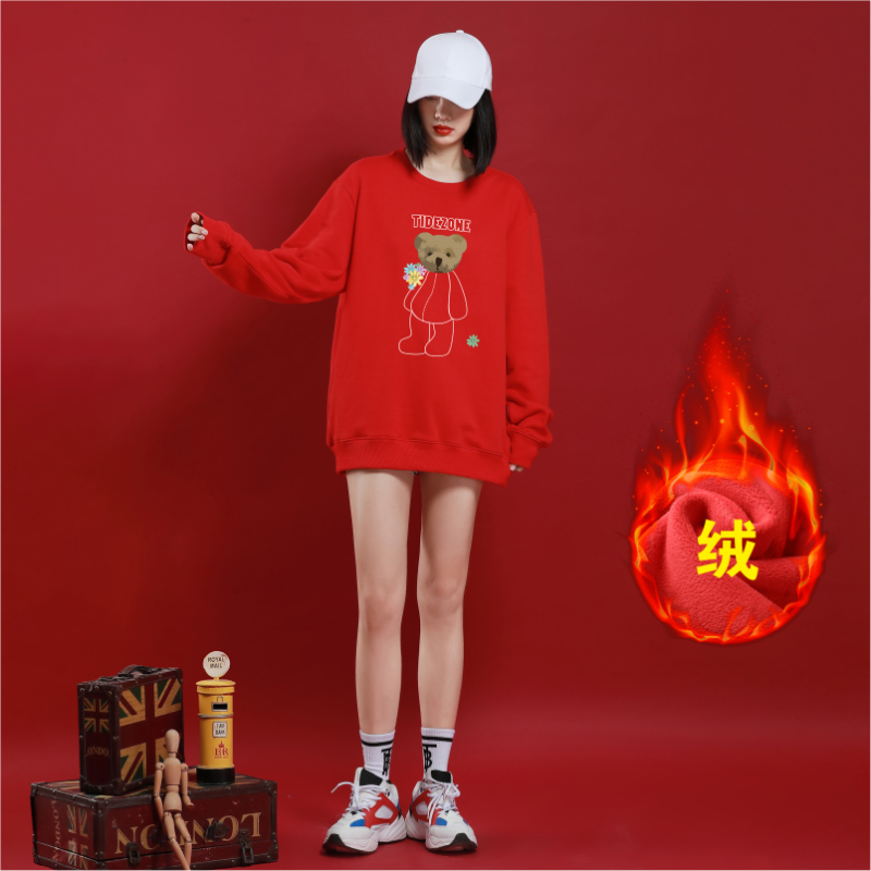Ohlyah红色小熊卫衣女加绒加厚oversize宽松中长款小个子百搭圆领