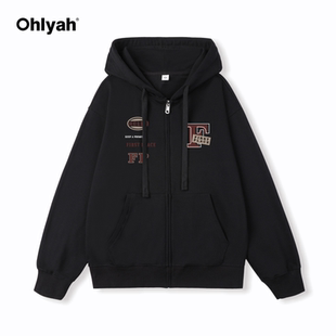 印花卫衣男女秋冬潮牌中性风拉链连帽上衣 Ohlyah黑色赛车logo开衫
