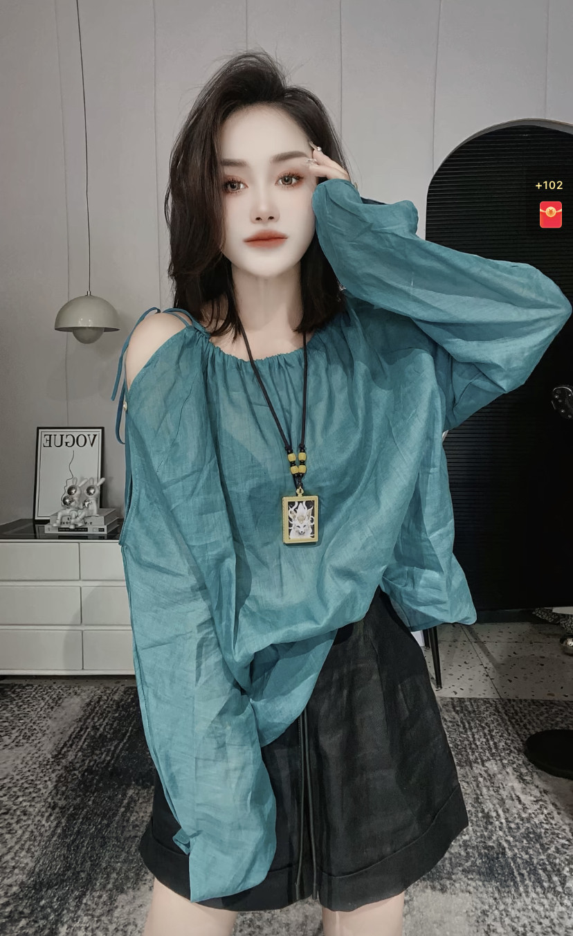 2024韩版新款轻薄棉麻露肩绑带防晒衫女甜美宽松长袖打底衫上衣潮