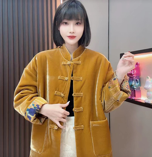 新中式国风盘扣丝绒真丝提花双面穿加棉外套女2025冬复古棉服上衣