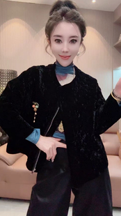 韩版圆领短款丝绒短款小棉服女2026秋冬新款小个子薄棉衣夹棉外套