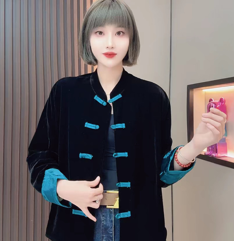 新中式国风盘扣丝绒真丝提花拼色宽松外套女2025春秋复古唐装上衣,女装/女士精品,短外套,淘宝优惠券,粉丝福利购,淘宝优惠卷