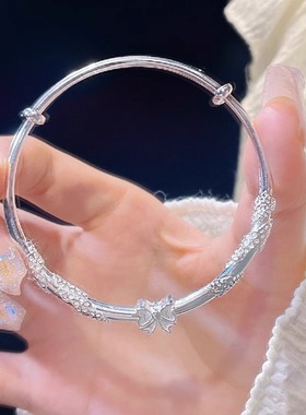 999纯银手镯女繁花似锦时尚蝴蝶结镯子韩版学生百搭手环生日礼物