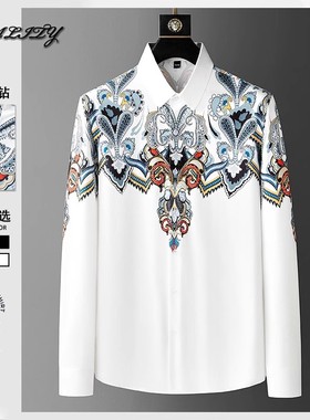 轻奢2023秋季新款男衬衫高清数码印花衬衫男微弹免烫男衬衣52594