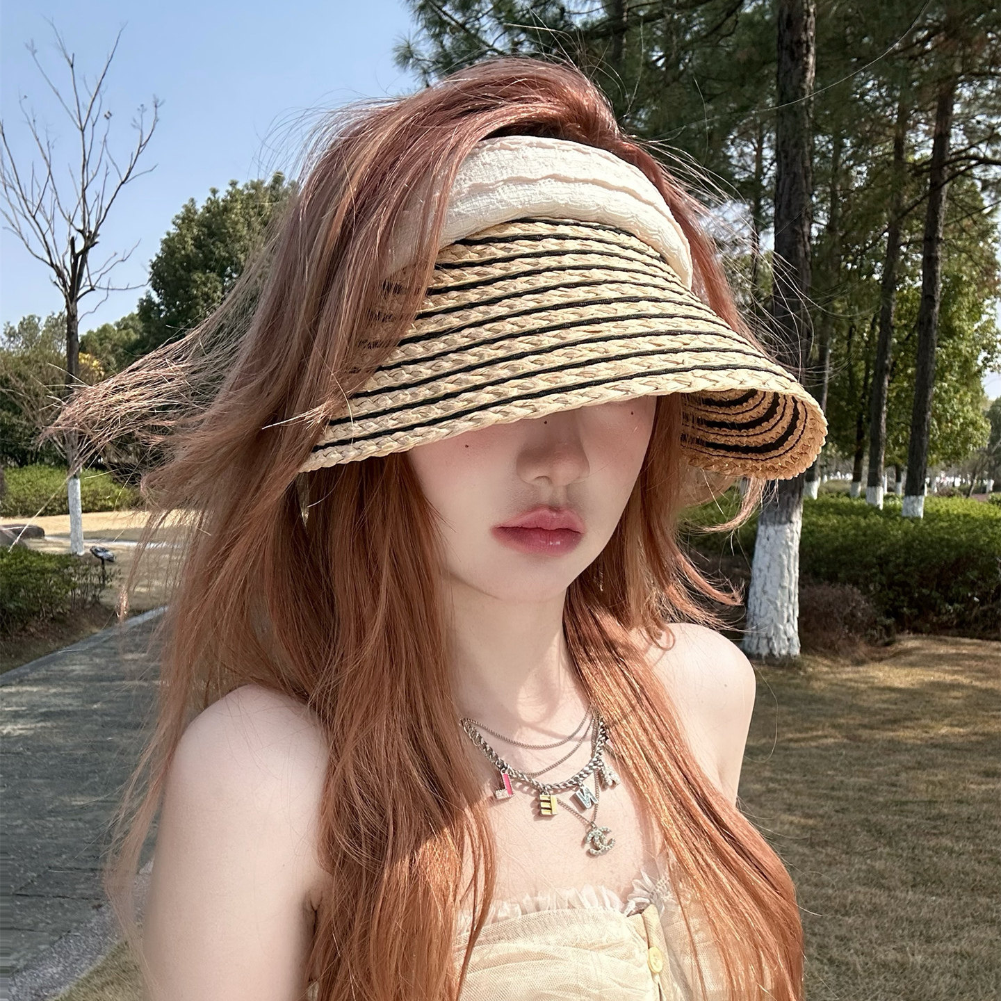 条纹发箍空顶帽女夏季户外防晒遮阳帽可折叠宽檐草帽女士防晒用品