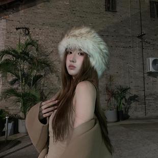 2025新款毛绒发带帽子女秋冬加厚保暖防寒毛绒帽显脸小穿搭渔夫帽