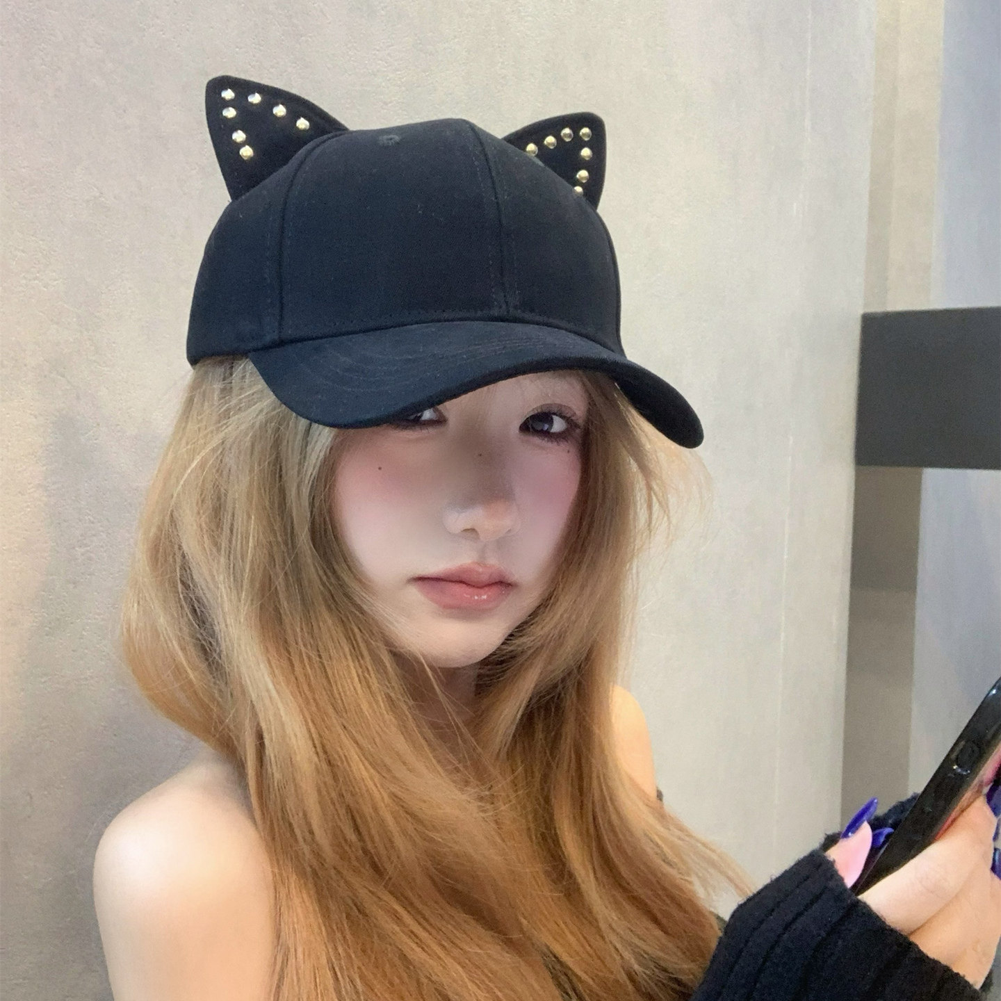 立体猫耳朵铆钉棒球帽女春夏季甜美可爱显脸小鸭舌帽百搭减龄帽子