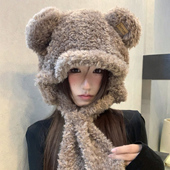 2025新款 针织百搭秋冬保暖帽子防寒护耳围脖小熊帽百搭可爱小熊帽