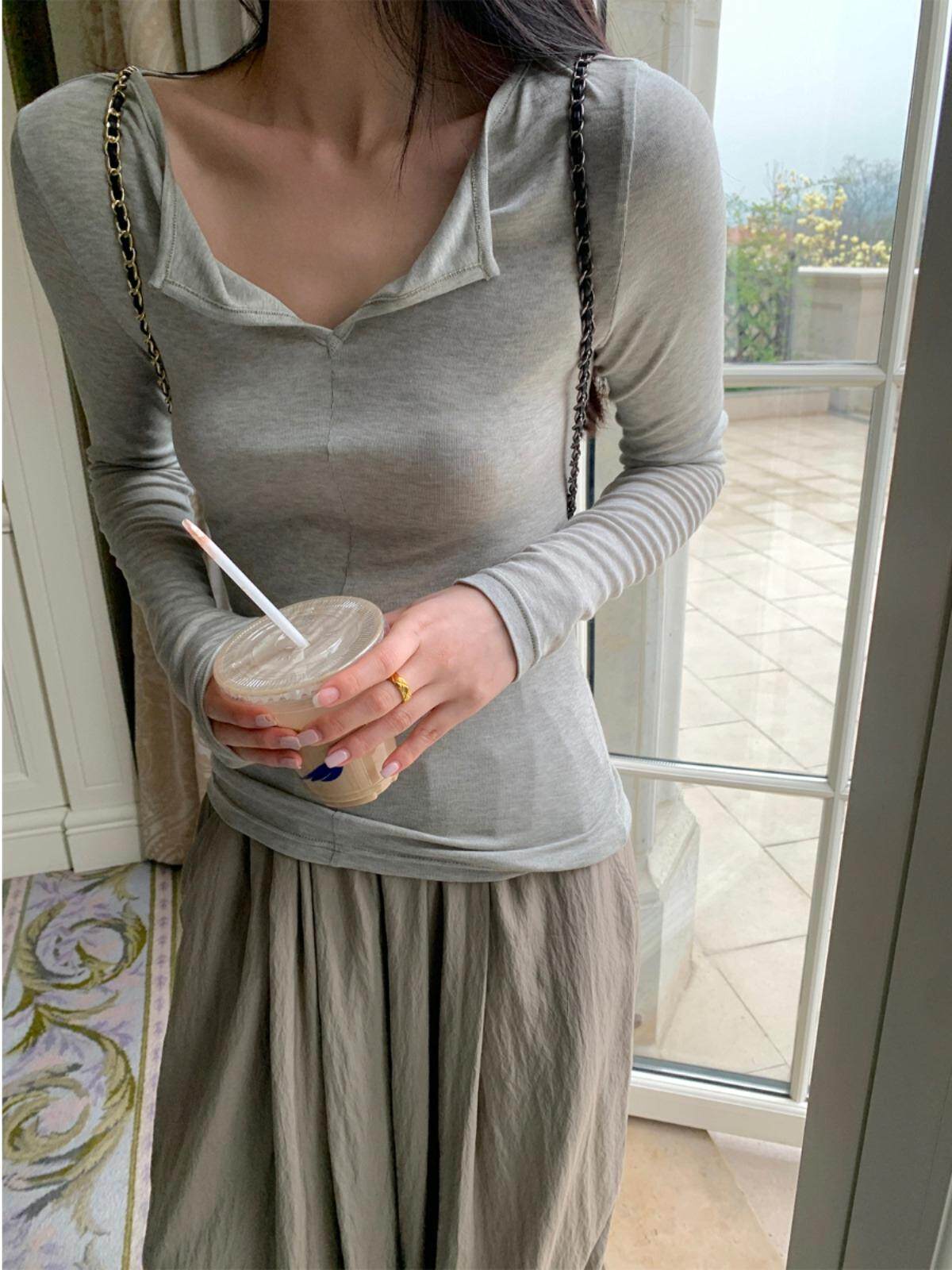 TENCEL SMALL LAPELS LONG-SLEEVED T-SHIRTS WOMENS EARLY AUTUMN THIN SIMPLE SLIM SLIM SUNSCREEN BASE WOOL TOP