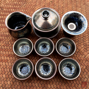 狂飙精品铁胎建盏茶具套装茶壶银菊花油滴建阳兔毫黄鹧鸪落款礼盒