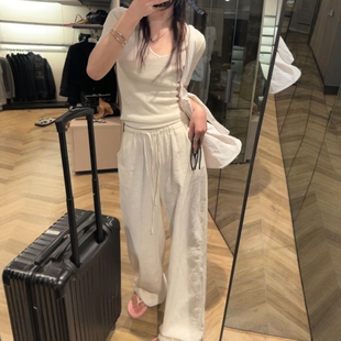 水洗苎麻裤2026夏松紧腰抽绳休闲棉麻阔腿裤女老钱风松弛感亚麻裤