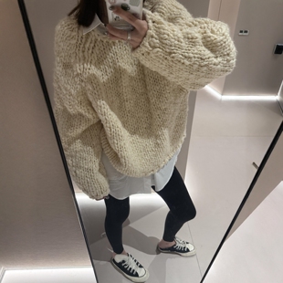 2026秋季短款宽松慵懒风羊毛针织开衫女手工编织粗棒针毛衣外套