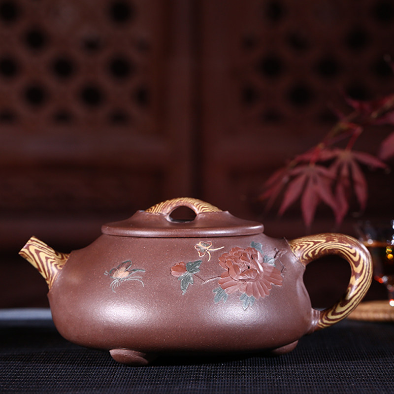 宜兴紫砂壶 原矿绞泥 花开富贵石瓢 容量350毫升 新品茶具