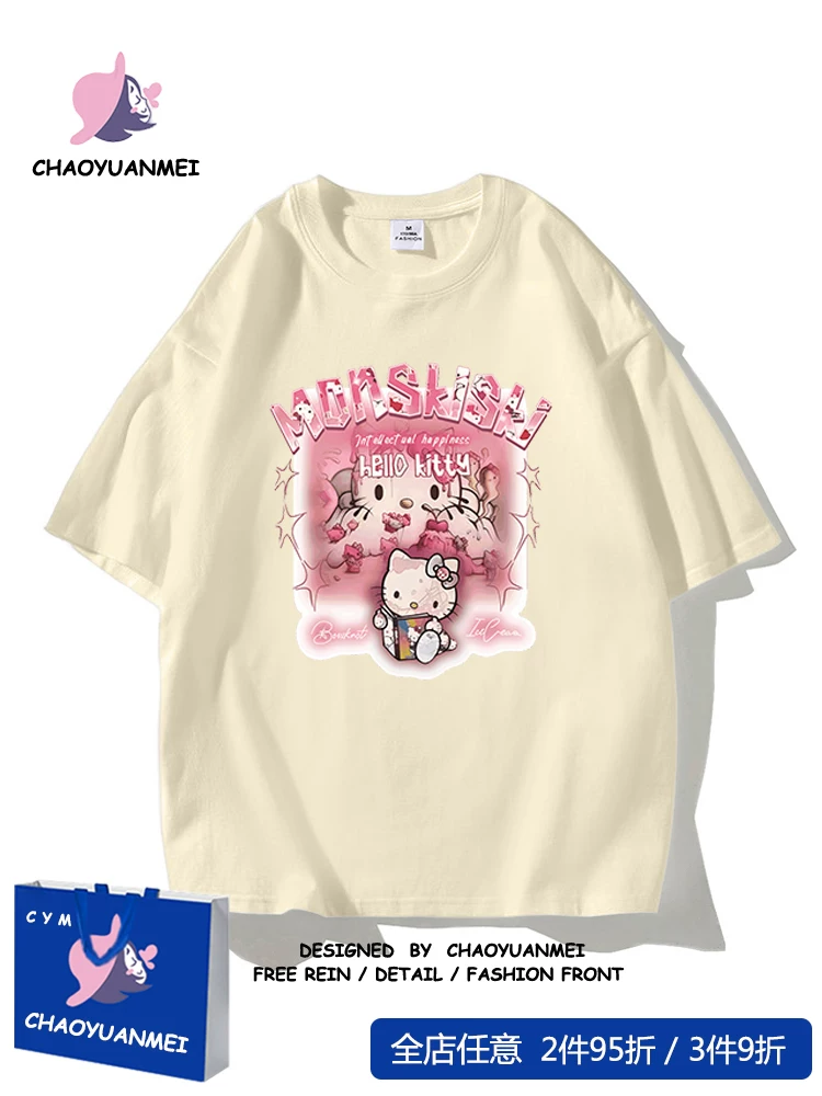 Hello Kitty, hello kitty, милая хлопковая ретро футболка, американский стиль