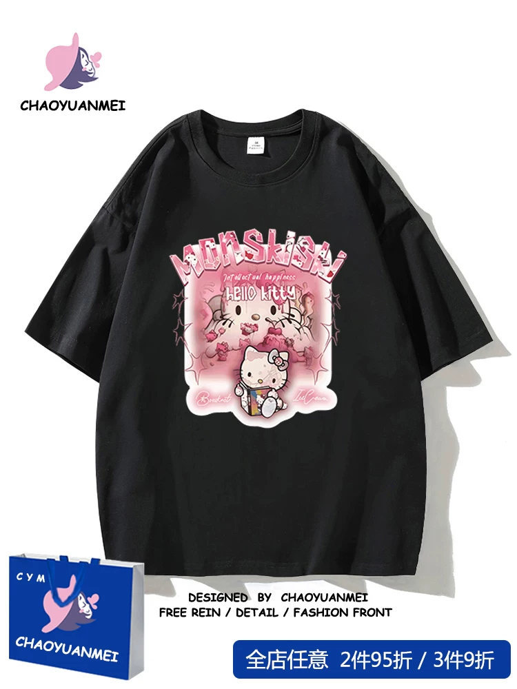 Hello Kitty, hello kitty, милая хлопковая ретро футболка, американский стиль