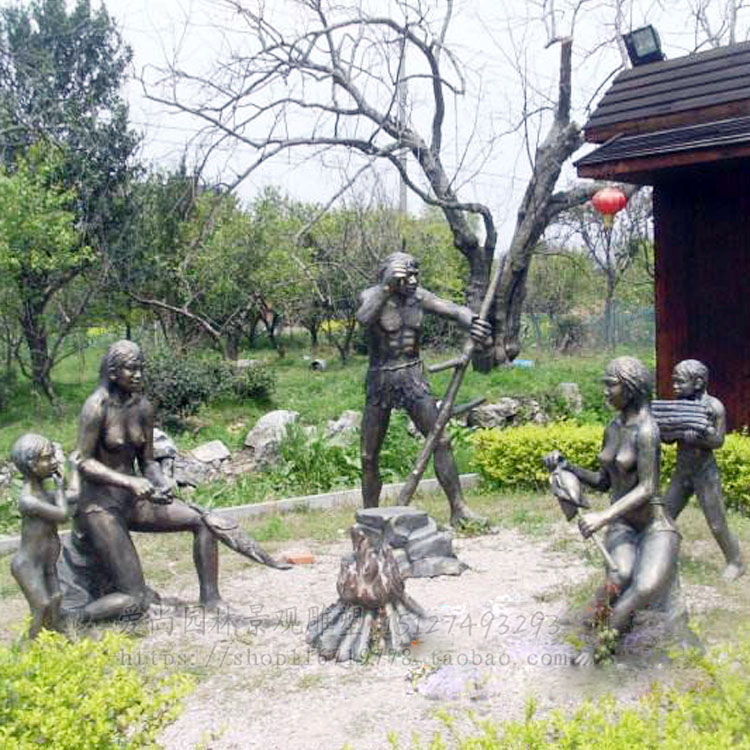 玻璃钢原始人类猿人一家生活砍柴烤鱼做饭情景雕塑原始部落雕塑
