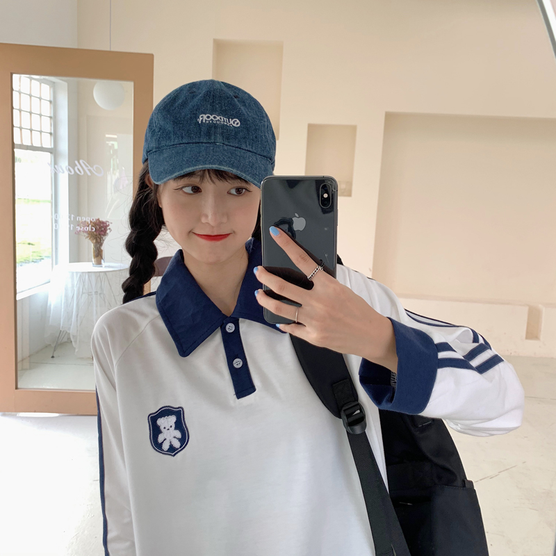 Real shot 2020polo collar cute bear embroidery college style sweater long sleeve top female college style