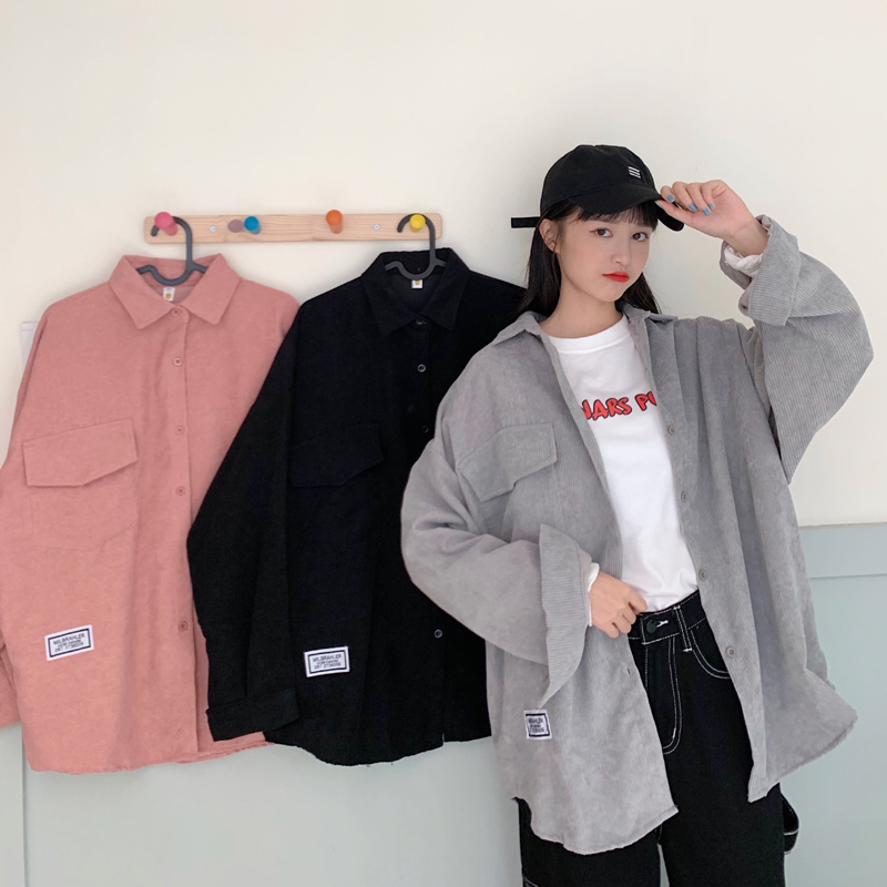 Real shot corduroy shirt women's loose Korean student's season coat