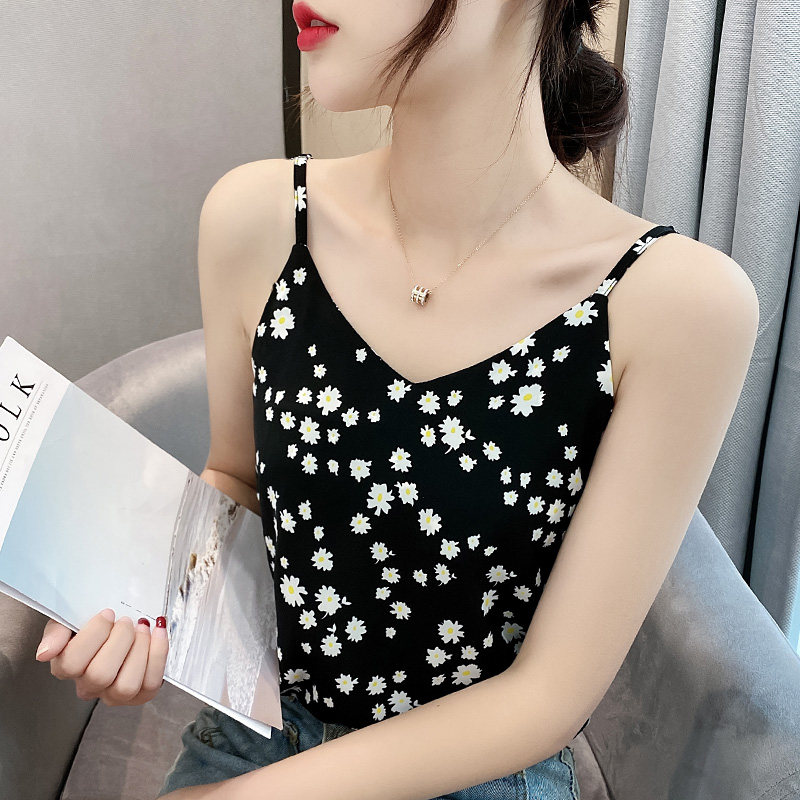 雪纺衫小吊带2020夏季新款大码百搭小雏菊无袖上衣V领内搭背心女