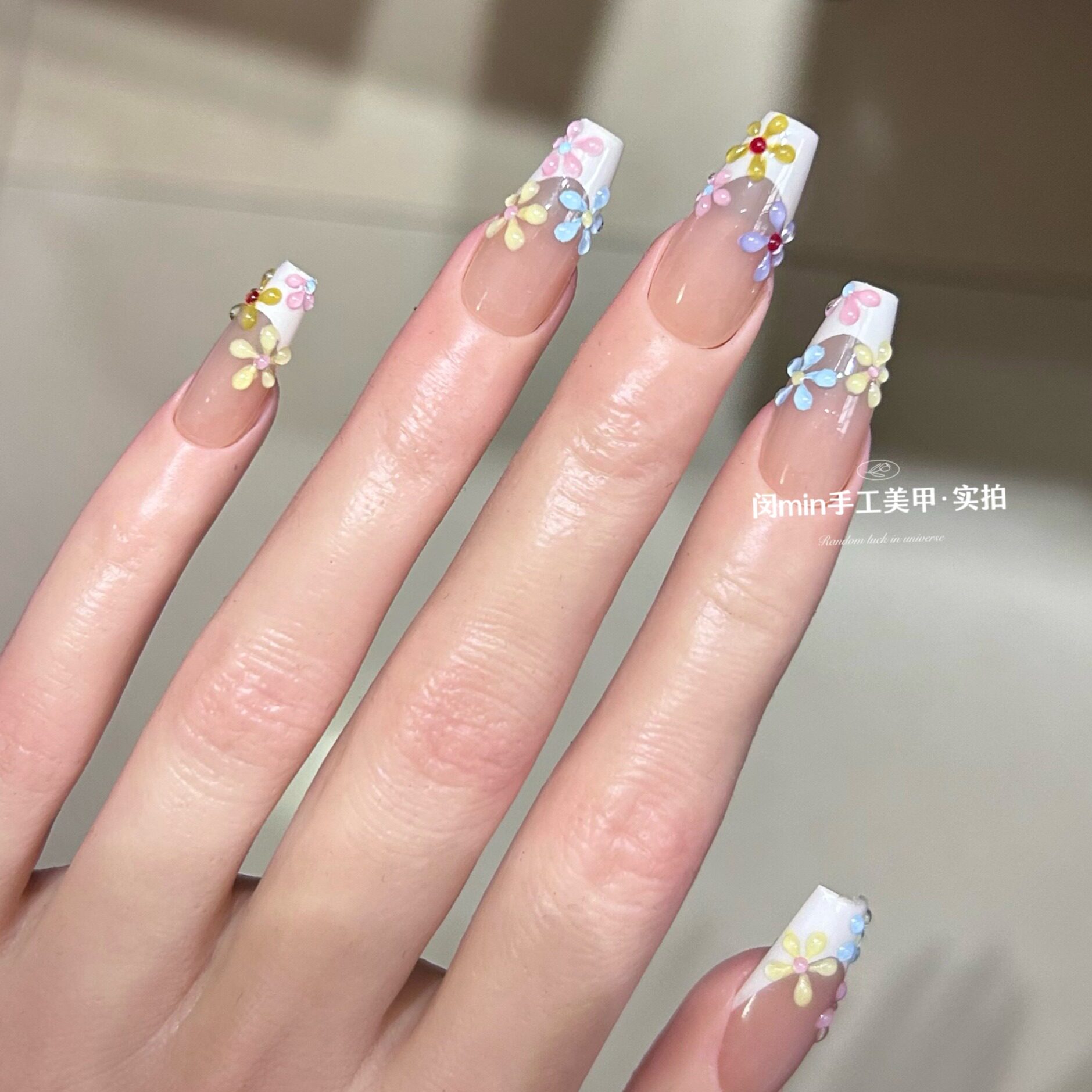 Mm nail立体彩色花花穿戴甲 法式可爱少女心手绘成品美甲成品甲片