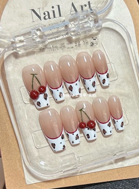 Mmin法式豹纹立体大樱桃甜酷辣妹风显白长款手工定制可拆卸穿戴甲