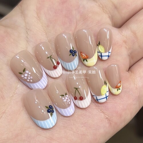 Mmnail立体水果法式穿戴甲马卡龙色手绘可爱手工定制美甲贴假指甲