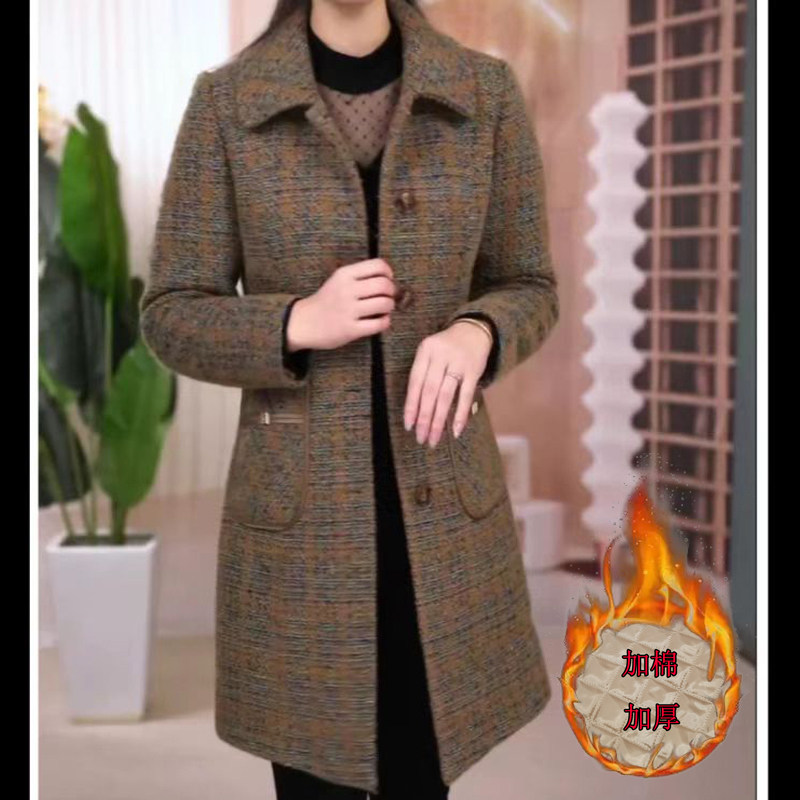 妈妈时尚冬季宽松版洋气新款秋冬中款加厚毛呢外套保暖大衣没内兜
