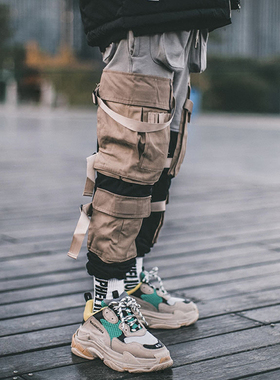 【特价】APHELION拼接束脚裤男潮牌机能飘带伞兵裤宽松直筒休闲裤