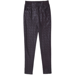 冬季加绒靴裤暗花纹女裤高弹力修身显瘦铅笔裤厚绒女士小脚PU皮裤