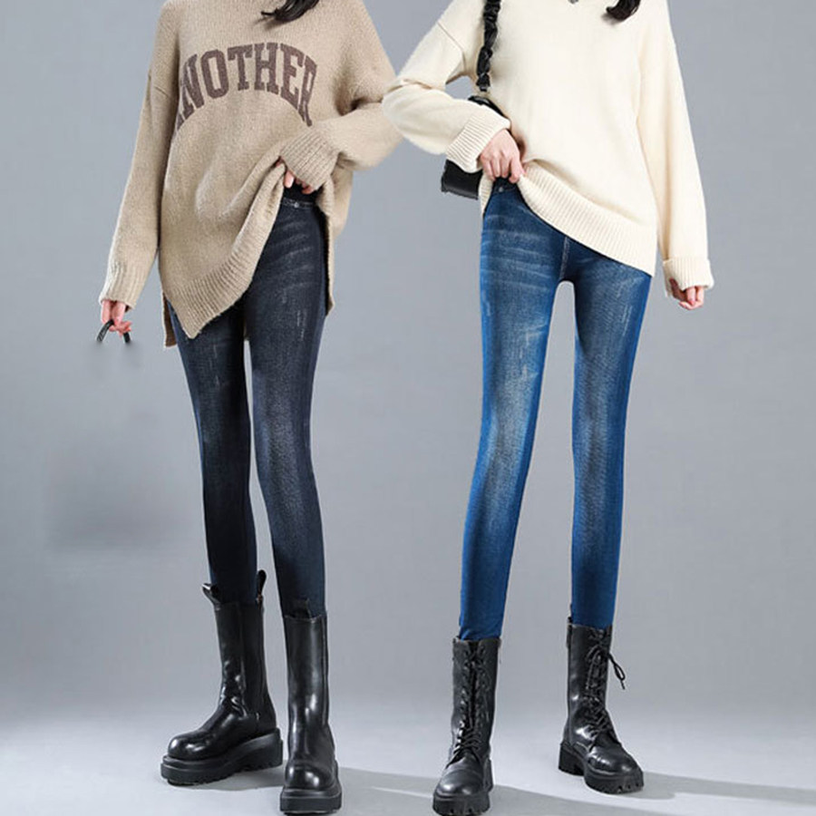 春季仿牛仔裤中年妈妈打底裤女士外穿高腰大码小脚显瘦高弹紧身裤