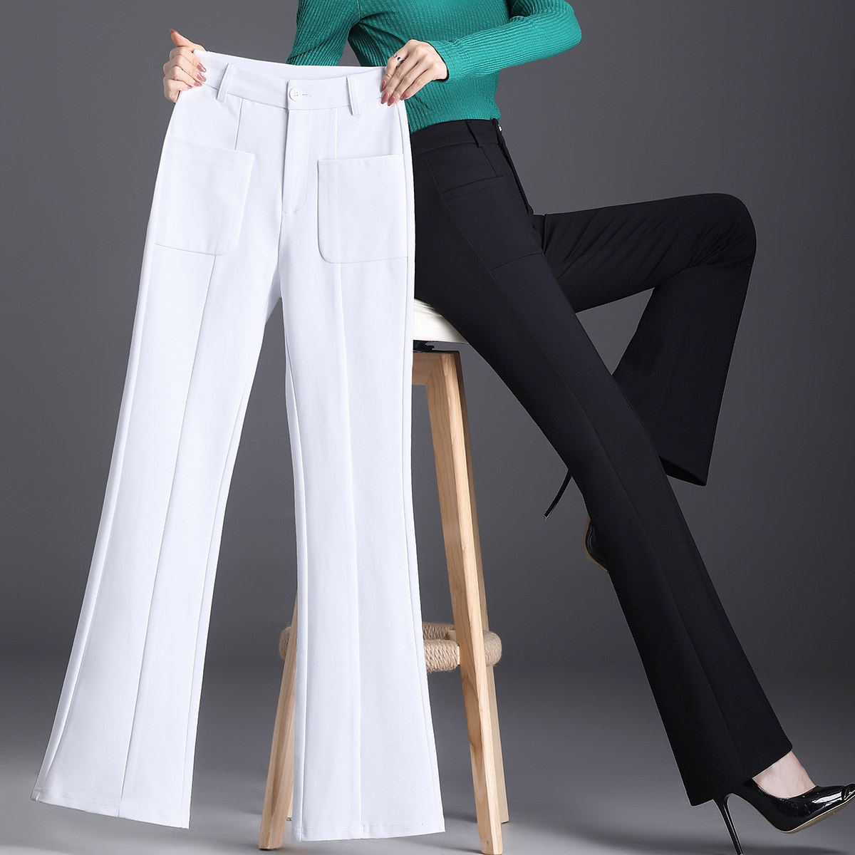 春季针织四面弹力女裤修身显瘦微喇休闲长裤春秋款女士白色喇叭裤