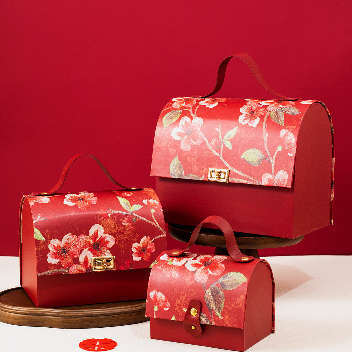 红色粉色青色花朵喜礼欢喜喜糖盒结婚手提翻盖伴手礼礼盒糖果盒