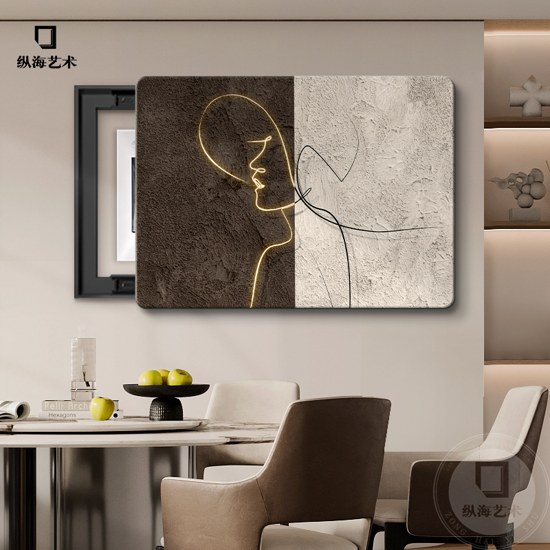 简约人物线条电表箱装饰画抽象肌理砂岩免打孔遮挡配电箱饭厅挂画图片