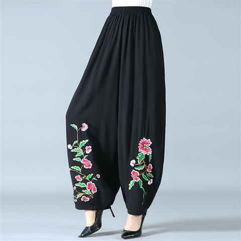 夏季新款民族风绣花灯笼裤中老年妈妈高腰哈伦裤大码棉麻小脚长裤