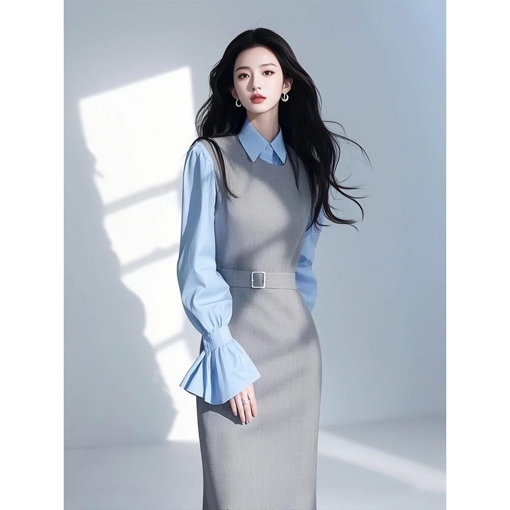 2025新款春秋穿搭整套职业女装小香风灰色背心连衣长裙套装女