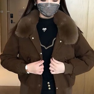 高档加绒外套女2025新款冬季加厚保暖短款外套女毛领可拆卸棉服
