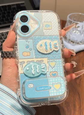 蓝格小鱼镜子支架适用苹果16promax手机壳华为mate60pro保护套pura70新款荣耀400软Reno14女vivos30小米15/13