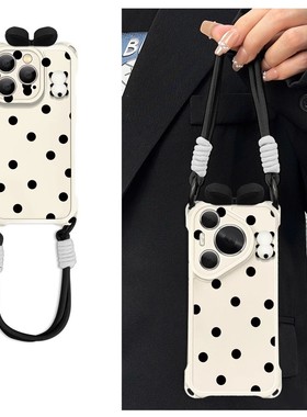黑色波点蝴蝶结熊猫适用苹果16promax手机壳小米15/14华为mate60pro新款Pura70女OPPOReno13四角挂绳vivos20