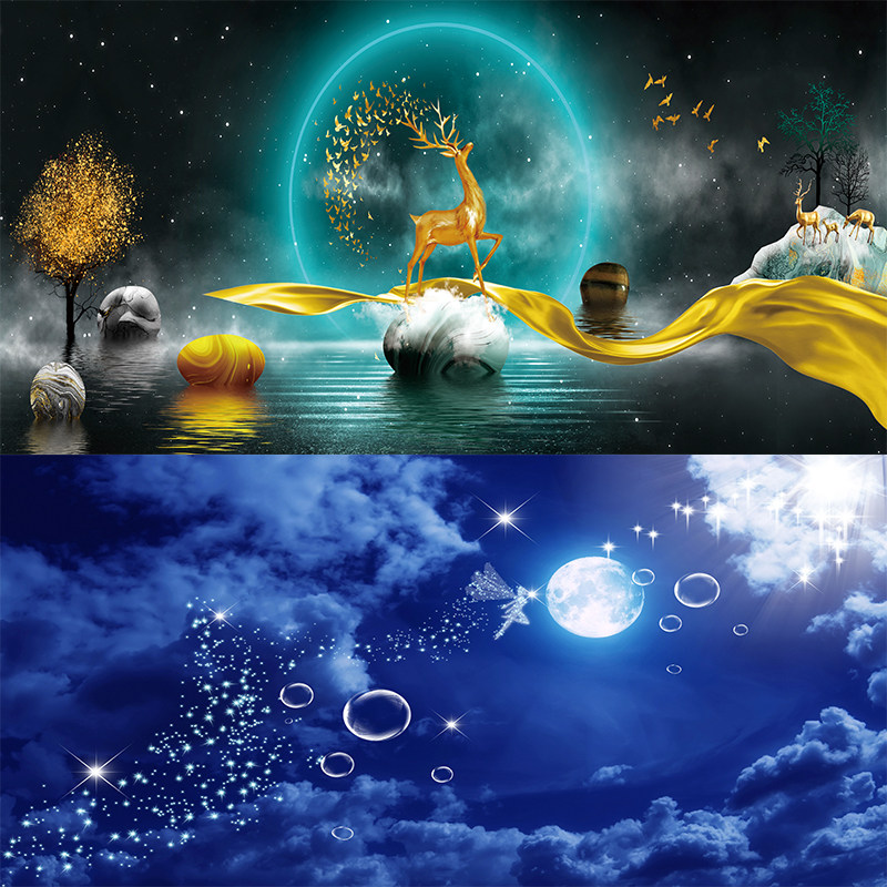 鱼缸背景贴纸高清图3D立体水族箱鱼缸造景外贴装饰壁纸星空背景纸