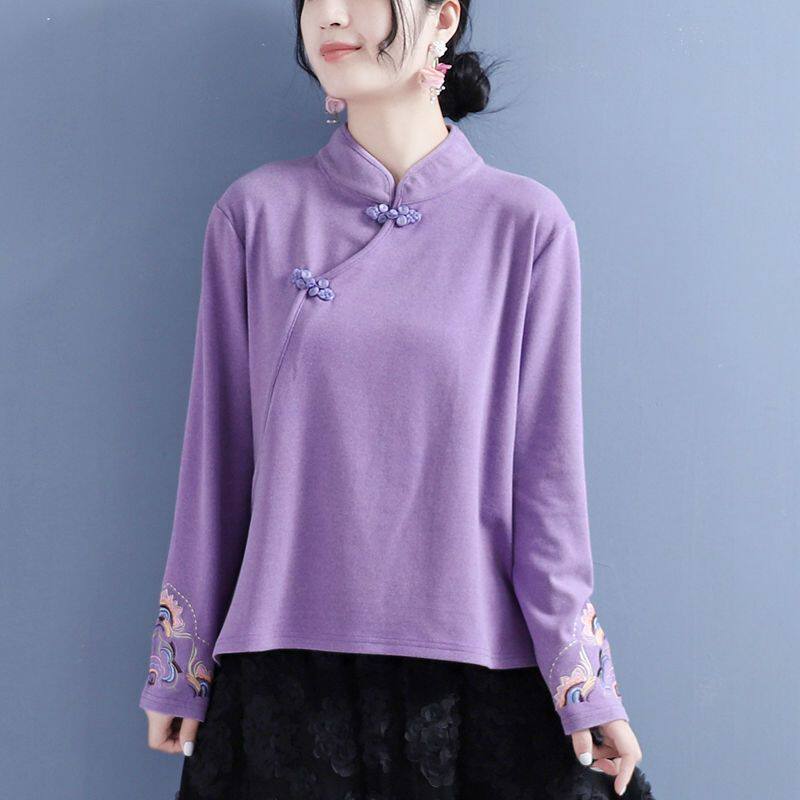 中年妈妈双面德绒刺绣立领打底衫女秋冬新款盘扣上衣国风茶服衬衫