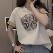 T恤女2025春季 新款 时尚 国风刺绣拼色短袖 复古打底衫 宽松百搭上衣