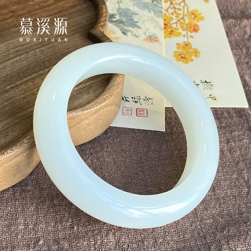 慕溪源新中式和田玉羊脂白玉手镯天然玉镯玉石镯子宽条精致女士