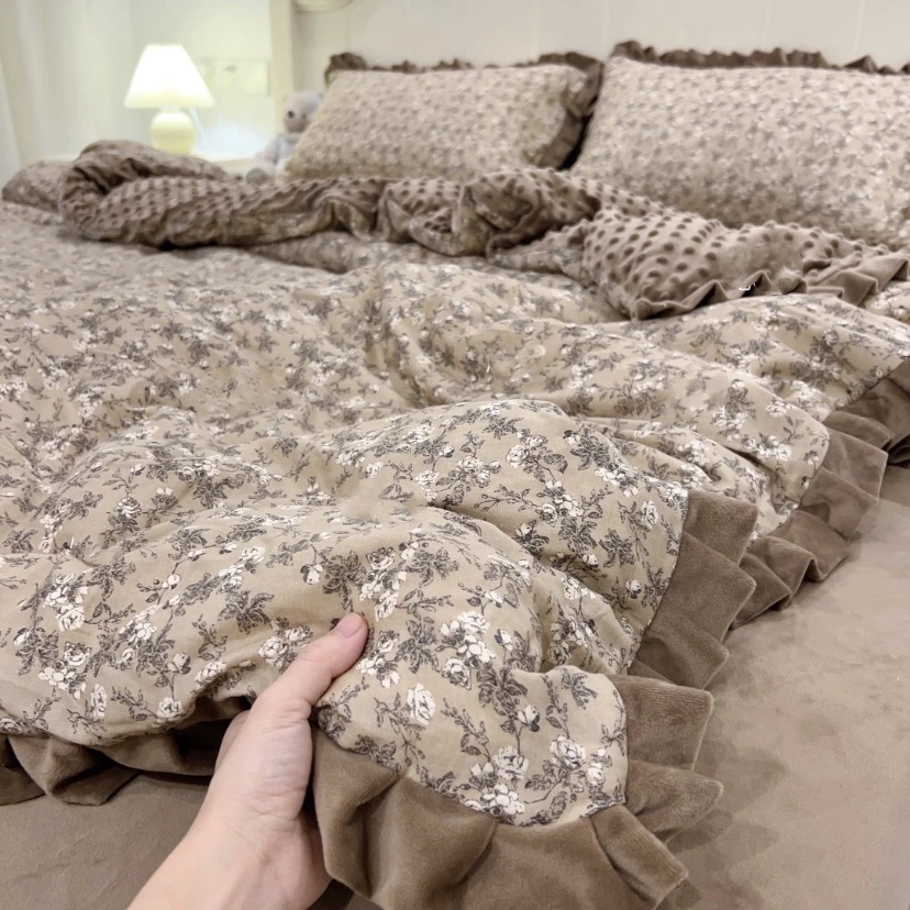 A类母婴级全棉双层纱加绒四件套ab版豆豆绒牛奶绒被套单2025冬季