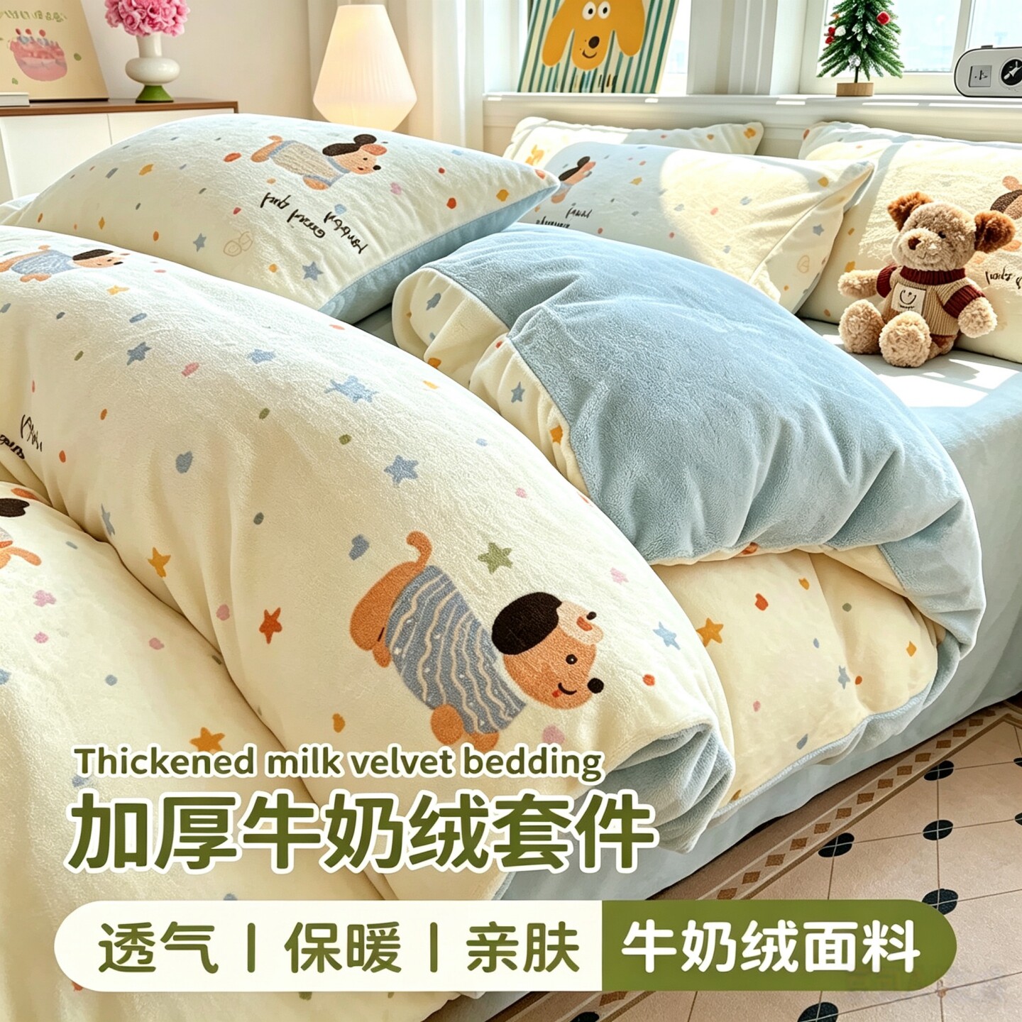 卡通童趣小狗家用四件套牛奶绒