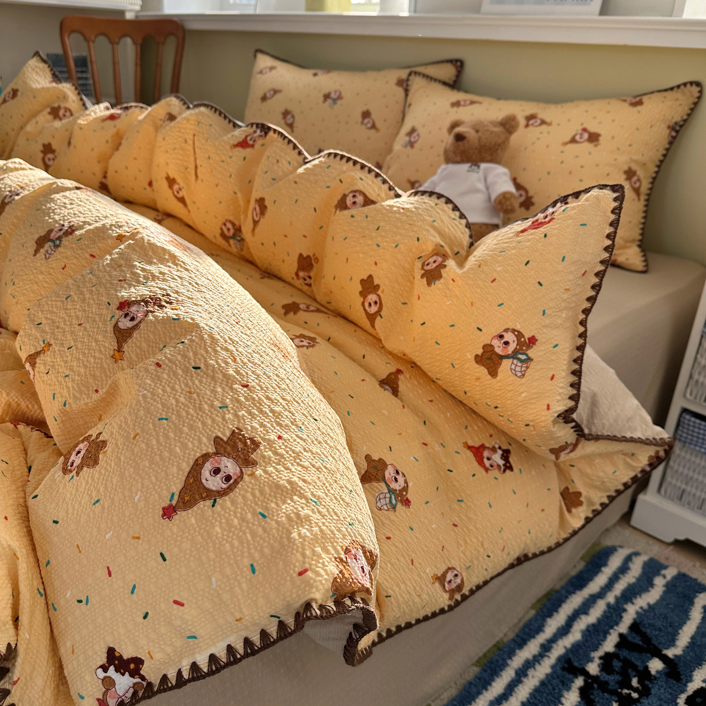 ins可爱星星人泡芙纱床单四件套非全棉纯棉被套罩宿舍床上三件套4