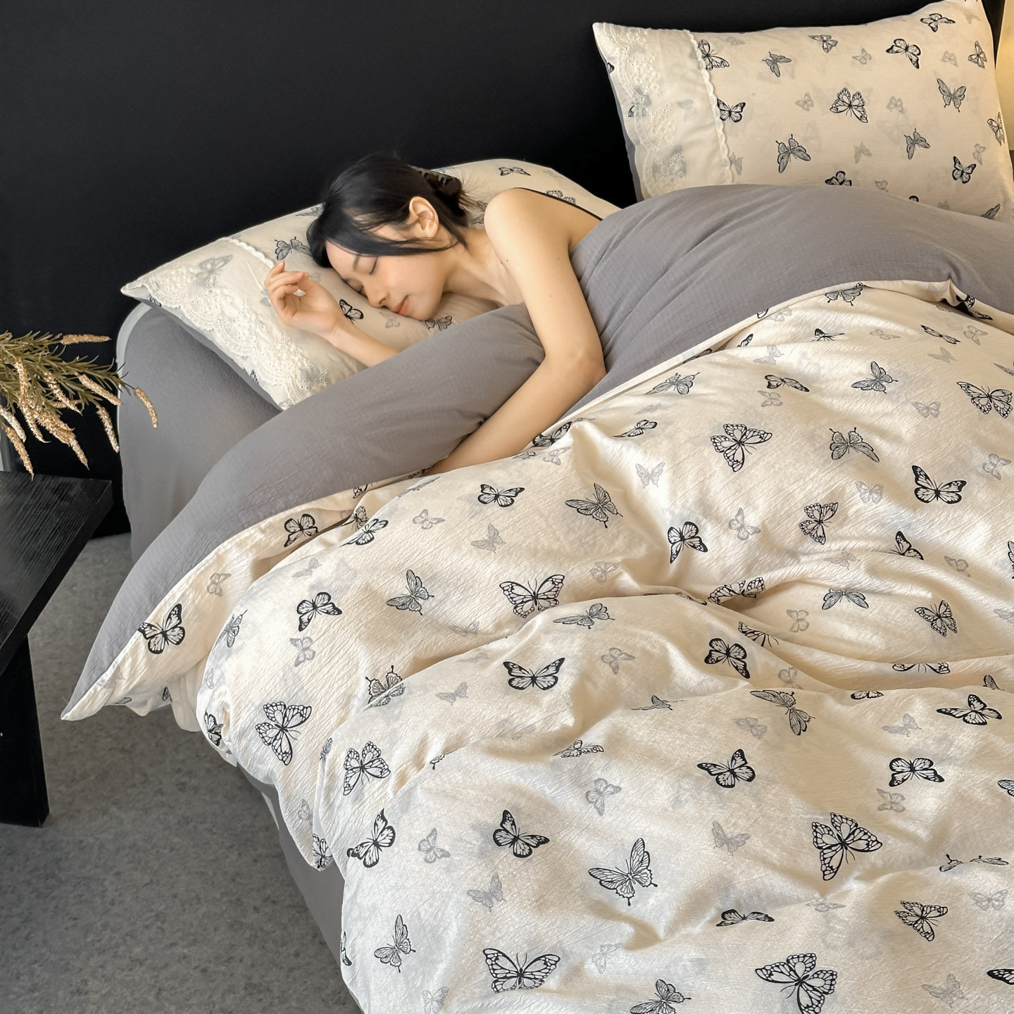 法式赫本蝴蝶皱皱纱四件套2026新款复古被套非全纯棉轻奢床上用品,床上用品,床品套件/四件套/多件套,淘宝优惠券,粉丝福利购,淘宝优惠卷