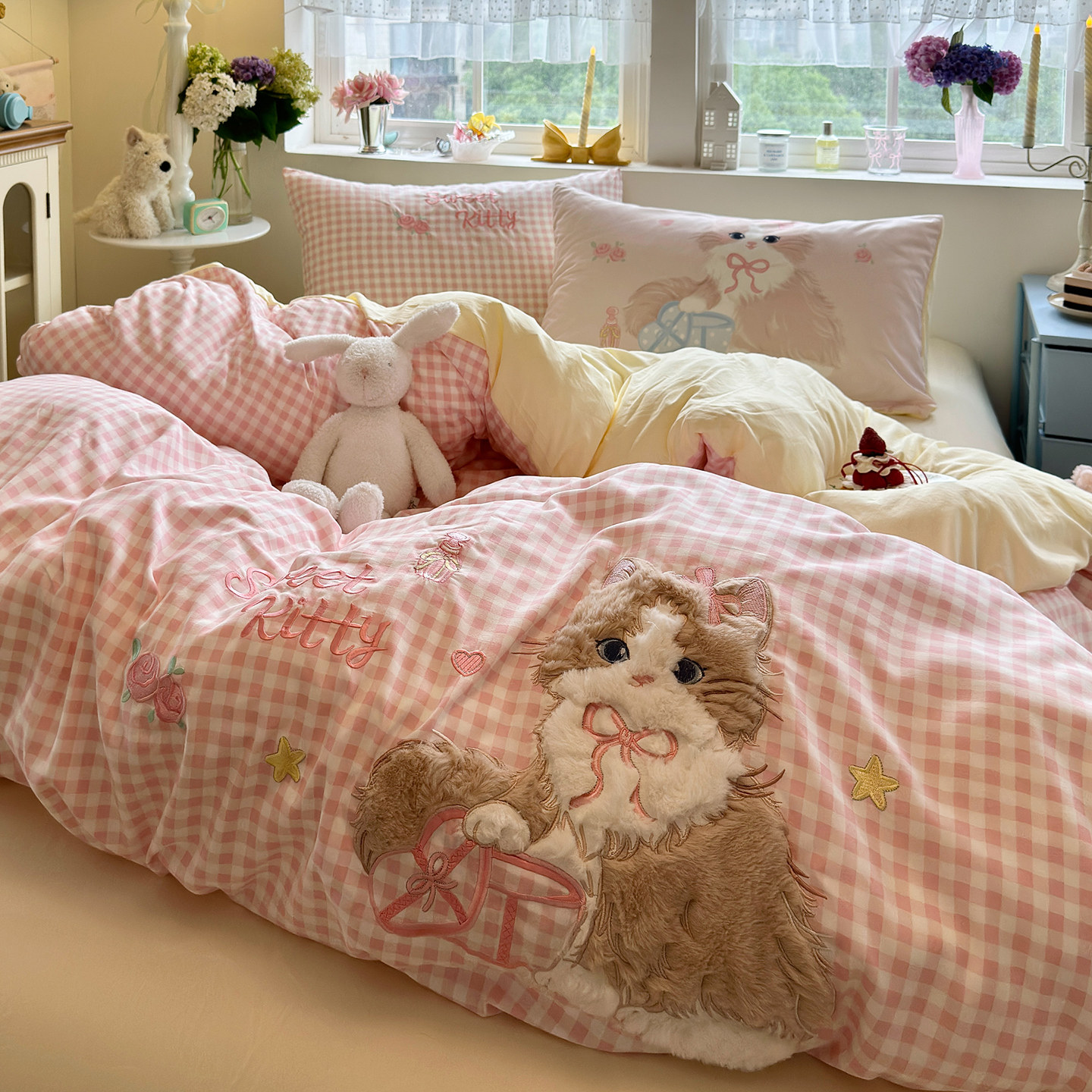 少女心贴布绣四件套水洗棉被套床单学生宿舍床上三件套非全棉纯棉