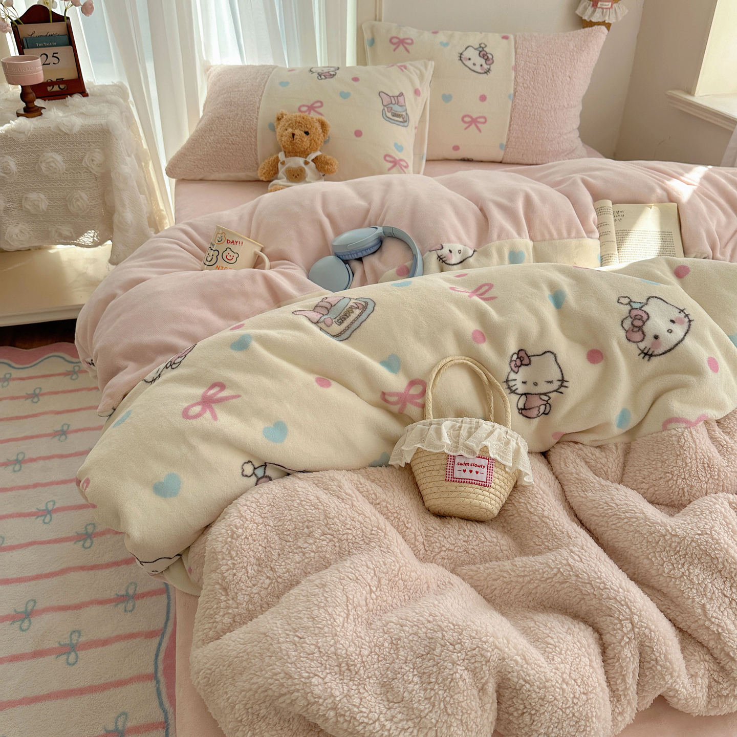 甜美少女kt牛奶绒四件套羊羔绒