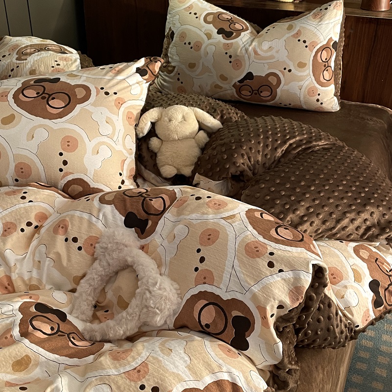 韩式小熊豆豆绒四件套双层纱被套