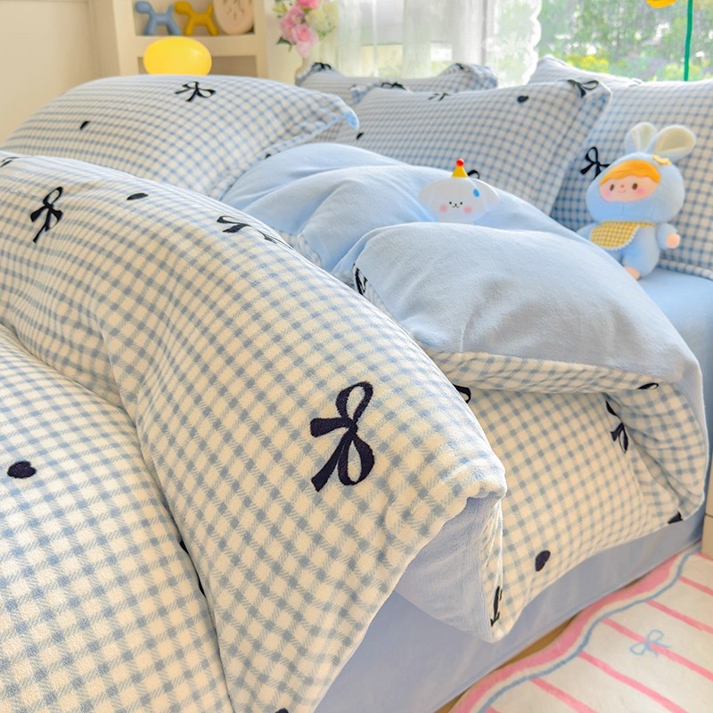 韩式蝴蝶结牛奶绒四件套冬季加厚